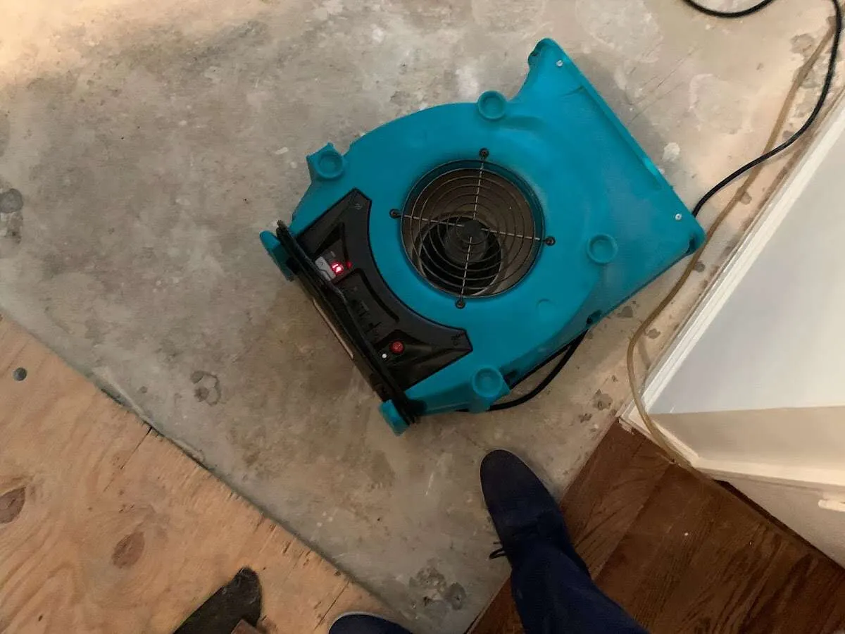 Air mover drying subfloor during Leak Detection & Repair in Beebe
